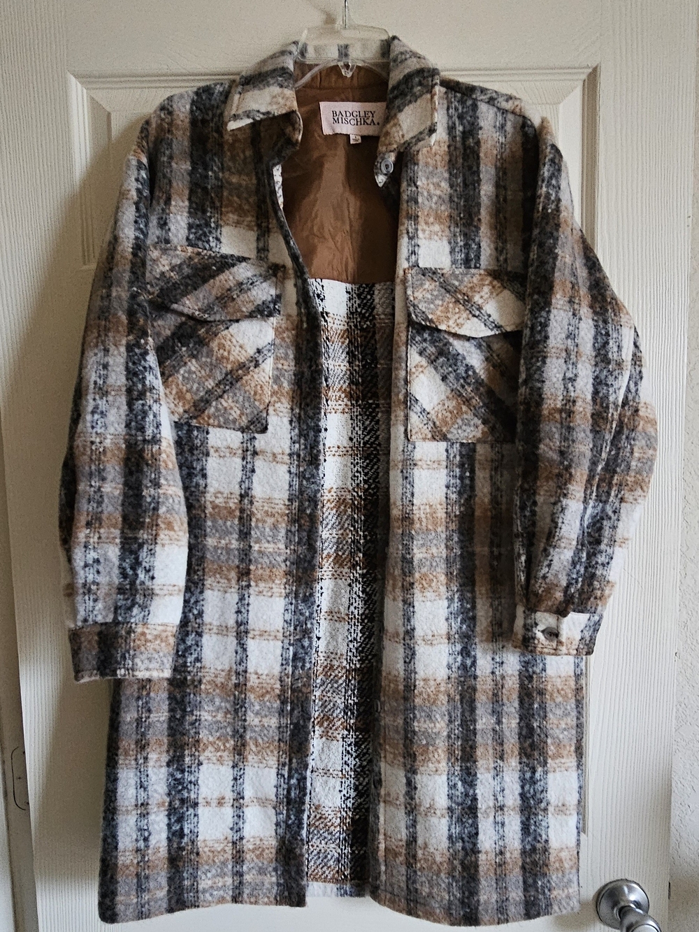 Badgley Mischka Plaid Long Coat - Brown / Cream / Black Size Small